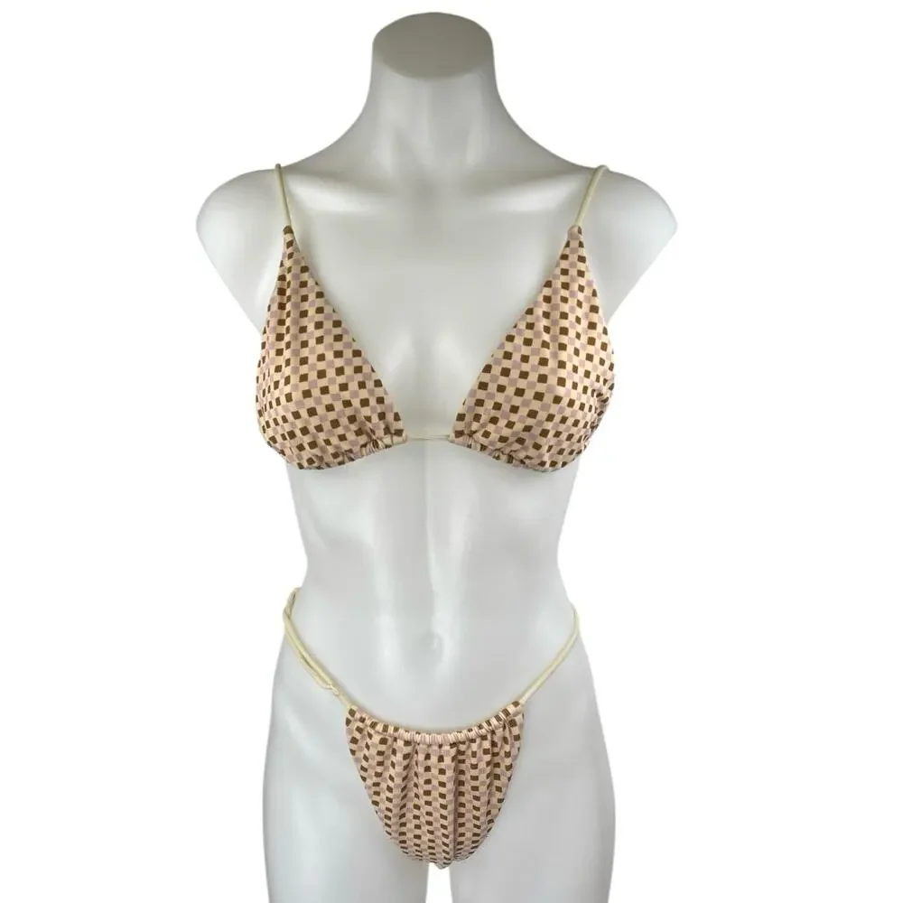 Pacsun Beige Purple Gingham Check Triangle One Piece Bikini Swimsuit Swimwear M